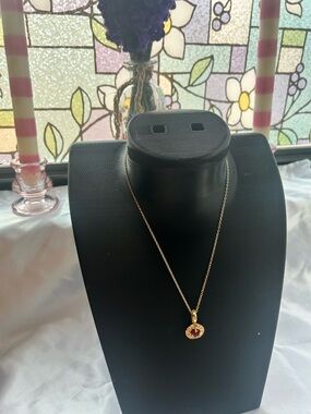 Vintage Gold Filled Pendant Necklace with Red and White Gemstone